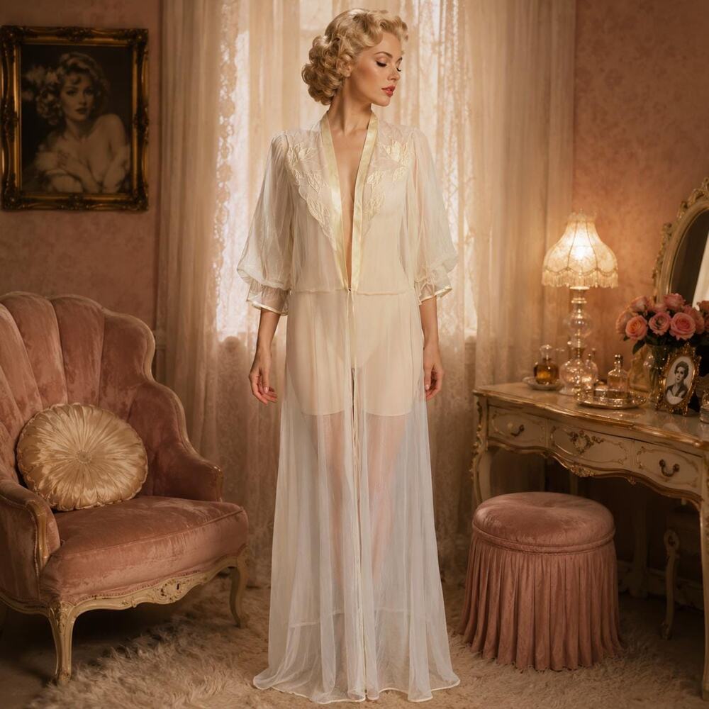 Val Mode Ivory Sheer Peignoir Robe Satin Appliqué Floral Vintage 60s Nylon Sz M
